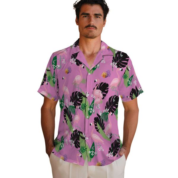 Coral Flamingo Leaf Motif Hawaiian Shirt High quality