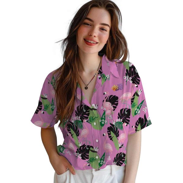 Coral Flamingo Leaf Motif Hawaiian Shirt Trendy