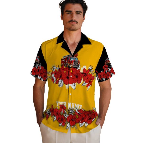 Fire Truck Hibiscus Stripe Hawaiian Shirt High quality