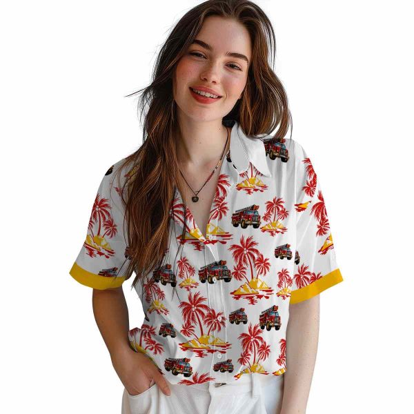 Fire Truck Palm Island Print Hawaiian Shirt Trendy