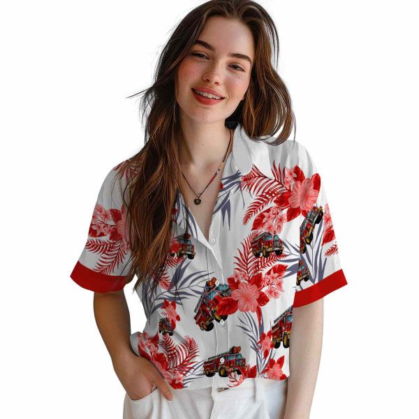 Fire Truck Patriotic Hibiscus Design Hawaiian Shirt Trendy