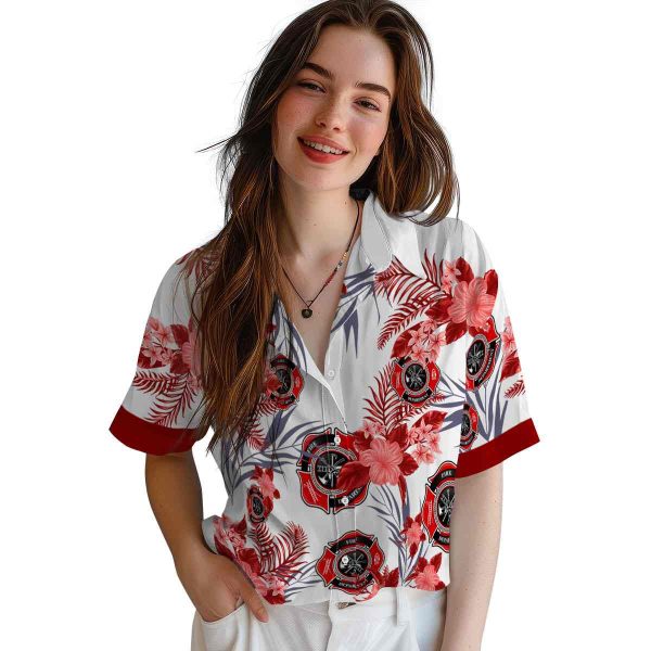 Firefighter Patriotic Hibiscus Design Hawaiian Shirt Trendy