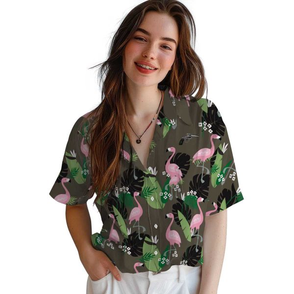 Gun Flamingo Leaf Motif Hawaiian Shirt Trendy