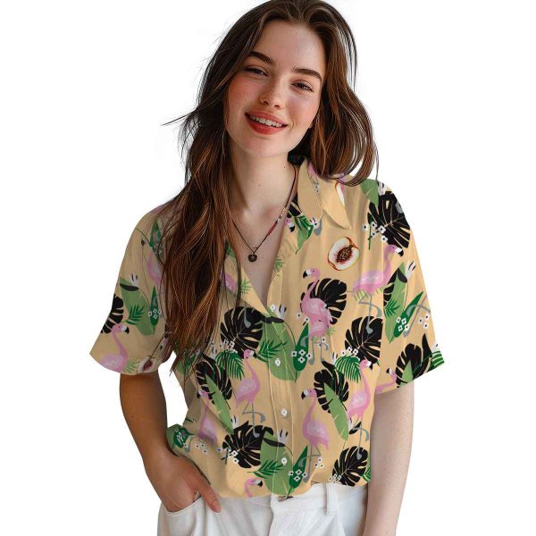 Peach Flamingo Leaf Motif Hawaiian Shirt Trendy