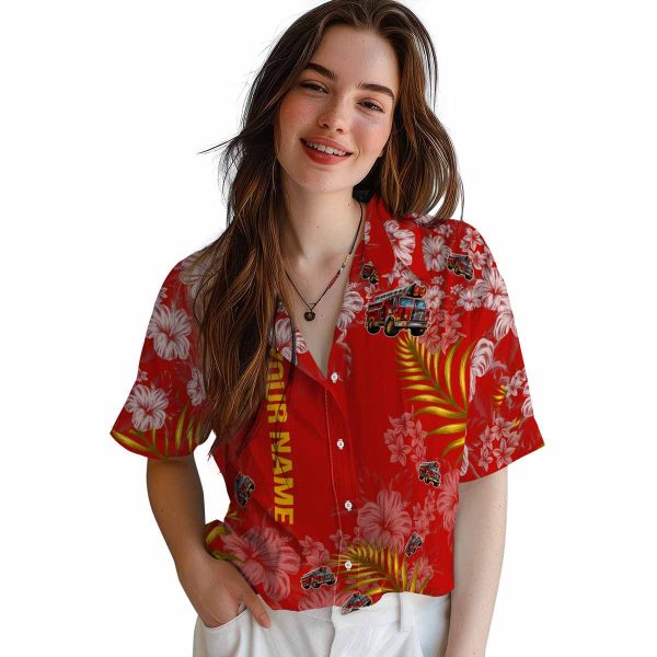 Personalized Fire Truck Hibiscus Print Hawaiian Shirt Trendy