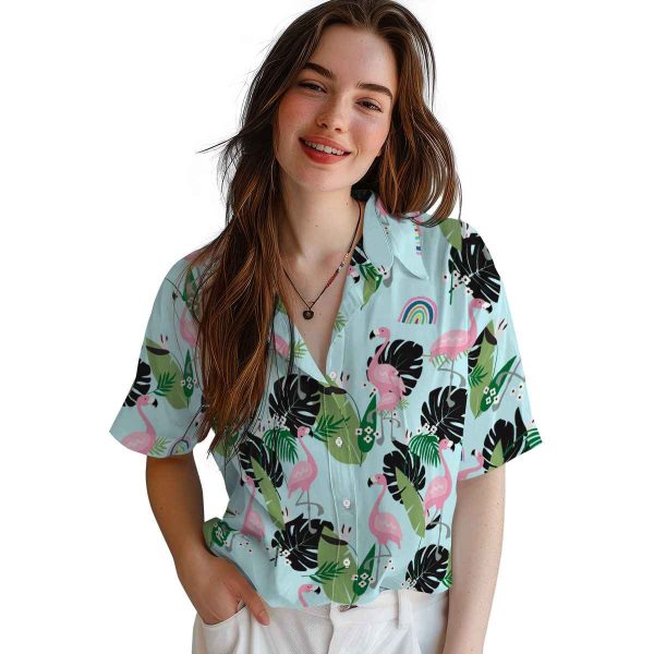 Rainbow Flamingo Leaf Motif Hawaiian Shirt Trendy