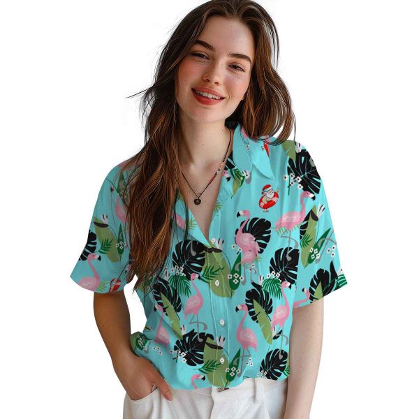 Santa Flamingo Leaf Motif Hawaiian Shirt Trendy