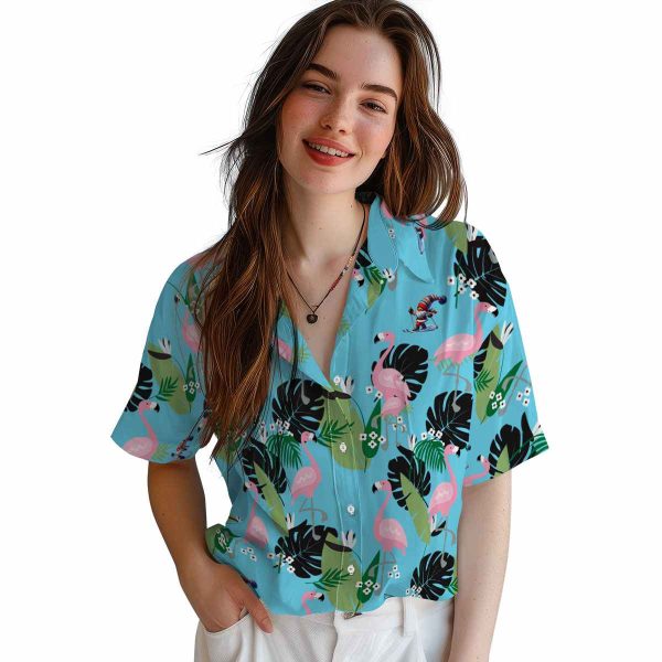 Skiing Flamingo Leaf Motif Hawaiian Shirt Trendy