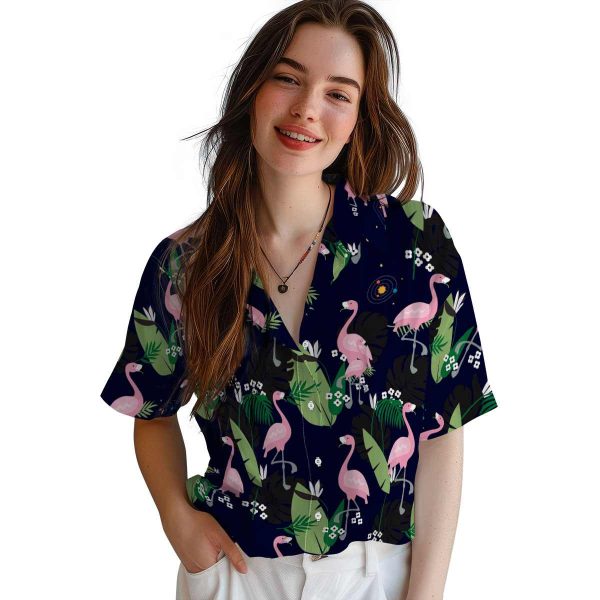 Space Flamingo Leaf Motif Hawaiian Shirt Trendy