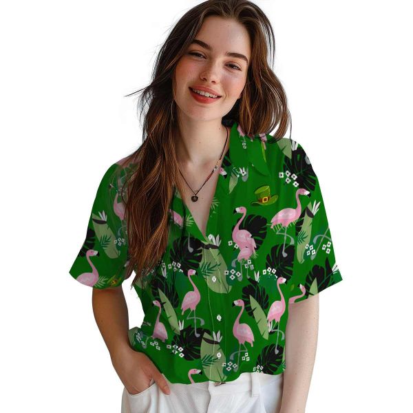 St Patricks Day Flamingo Leaf Motif Hawaiian Shirt Trendy