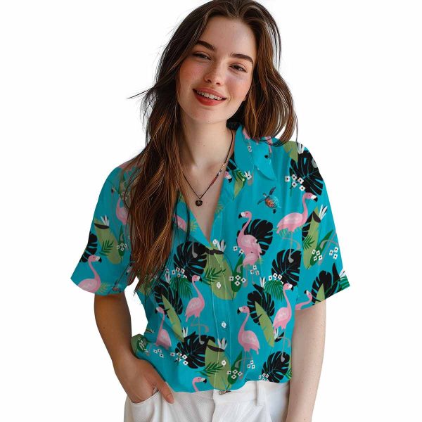 Turtle Flamingo Leaf Motif Hawaiian Shirt Trendy