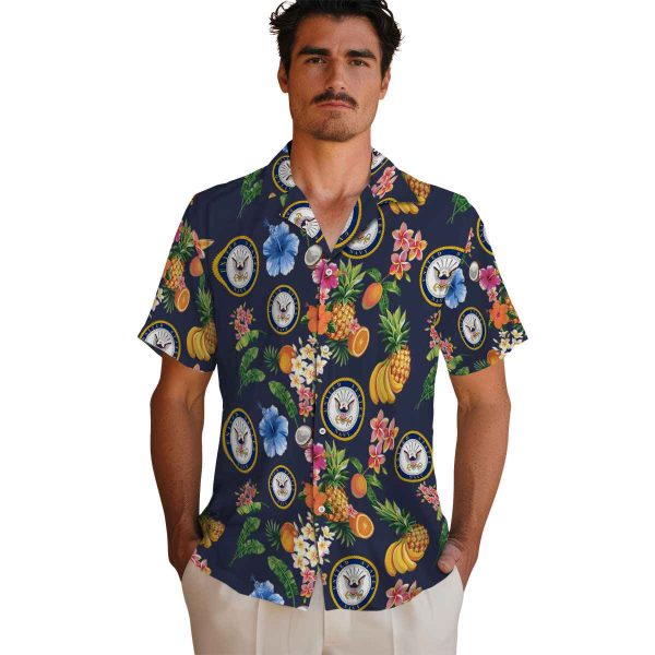 US Navy Hibiscus And Fruit Hawaiian Shirt High quality