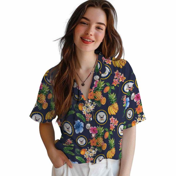 US Navy Hibiscus And Fruit Hawaiian Shirt Trendy