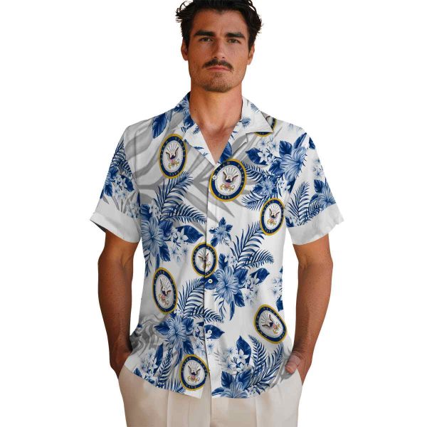 US Navy Hibiscus Palm Leaves Hawaiian Shirt High quality