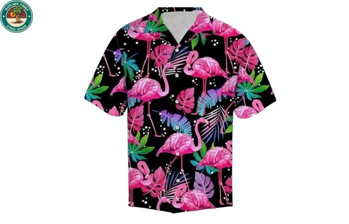 The product details of Pink Hawaiian shirt Womens with flamingo design