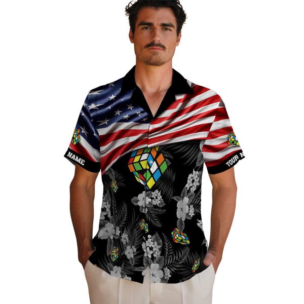 80s US Flag Hibiscus Hawaiian Shirt High quality