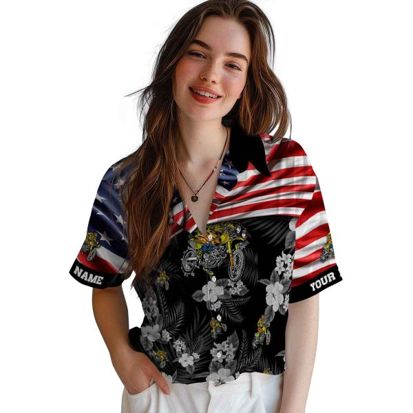 Biker US Flag Hibiscus Hawaiian Shirt Trendy