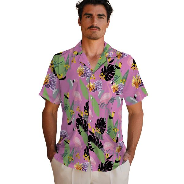 Coral Flamingo Leaves Hawaiian Shirt High quality