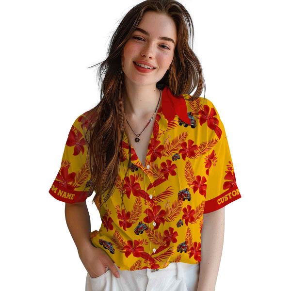 Fire Truck Botanical Print Hawaiian Shirt Trendy