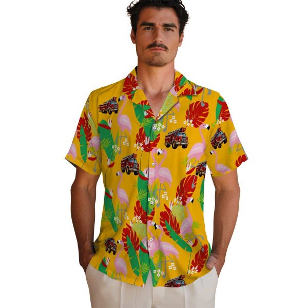 Fire Truck Flamingo Foliage Hawaiian Shirt High quality