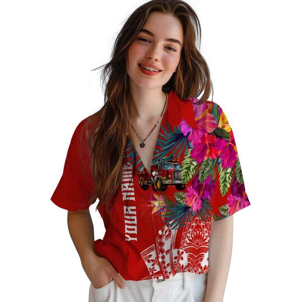 Fire Truck Floral Polynesian Hawaiian Shirt Trendy