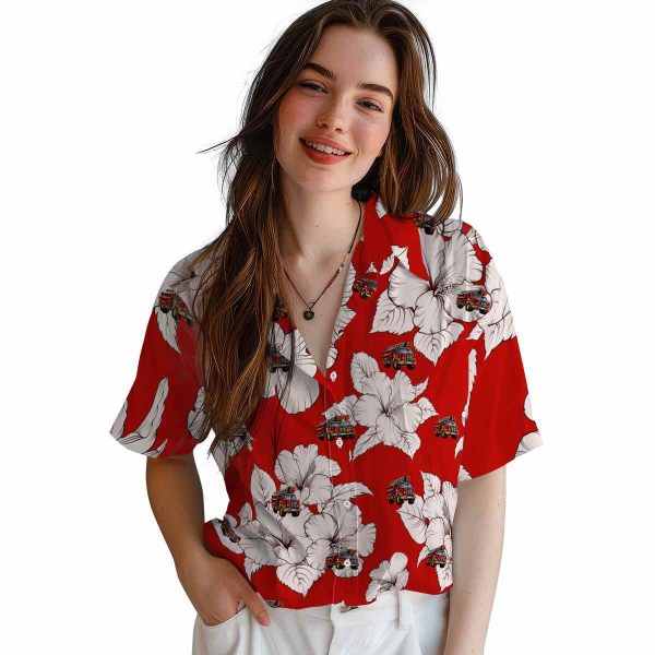 Fire Truck Hibiscus Blooms Hawaiian Shirt Trendy