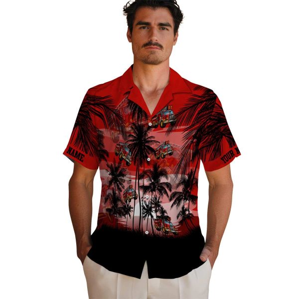 Fire Truck Sunset Scene Hawaiian Shirt High quality