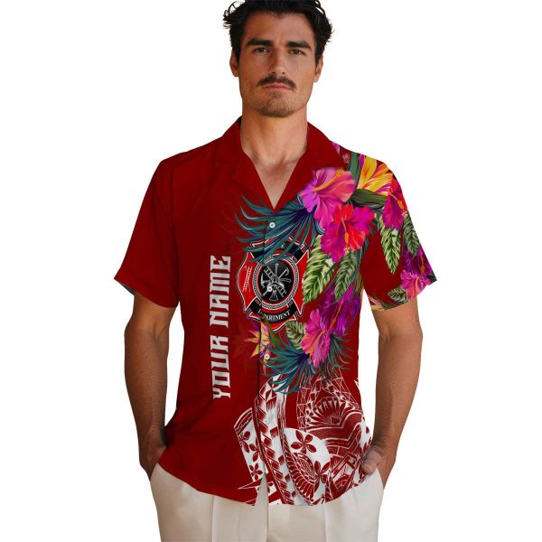 Firefighter Floral Polynesian Hawaiian Shirt High quality