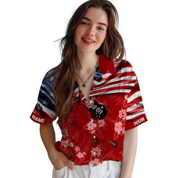 Guitar US Flag Hibiscus Hawaiian Shirt Trendy