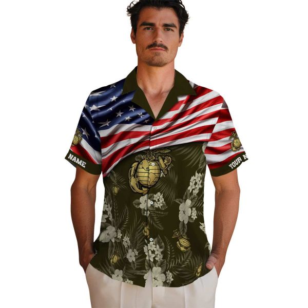 Marine Corps US Flag Hibiscus Hawaiian Shirt High quality