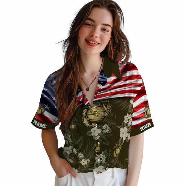 Marine Corps US Flag Hibiscus Hawaiian Shirt Trendy