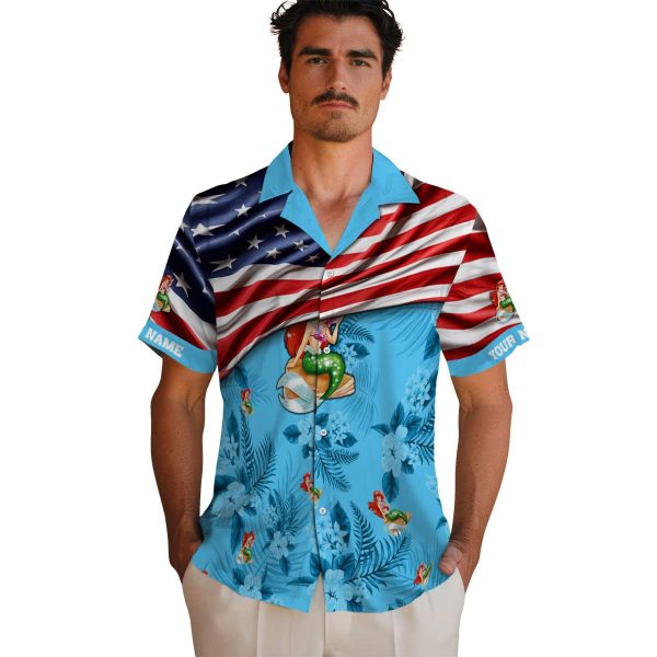 Mermaid US Flag Hibiscus Hawaiian Shirt High quality