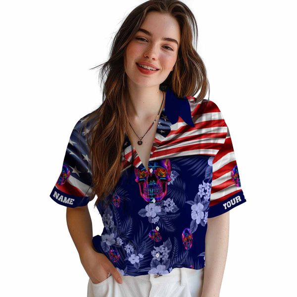 Neon US Flag Hibiscus Hawaiian Shirt Trendy