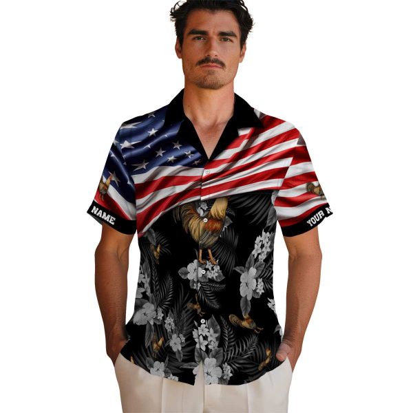 Rooster US Flag Hibiscus Hawaiian Shirt High quality