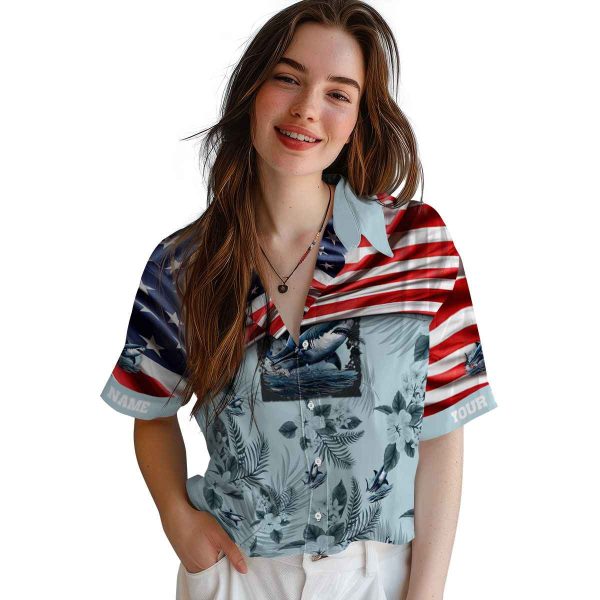 Shark US Flag Hibiscus Hawaiian Shirt Trendy