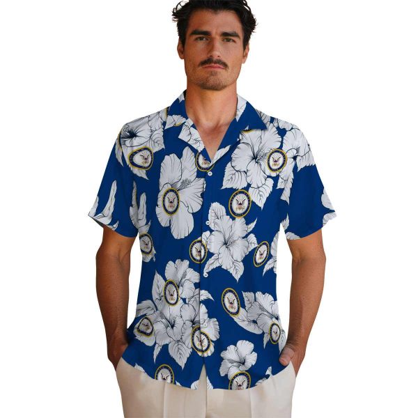 US Navy Hibiscus Blooms Hawaiian Shirt High quality